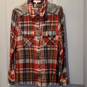 Entro Sequined Red Plaid Flannel Shirt